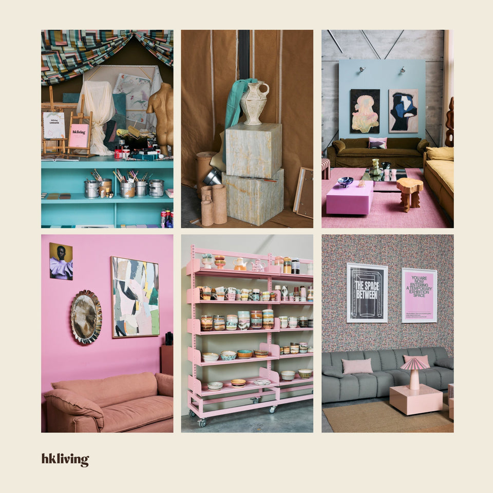 HKliving moodboard 2025–2026 met natuurlijke kleuren, zachte pastels en warme aardetinten – inspiratie uit de vernieuwde showroom, te zien bij LEEF Meppel.