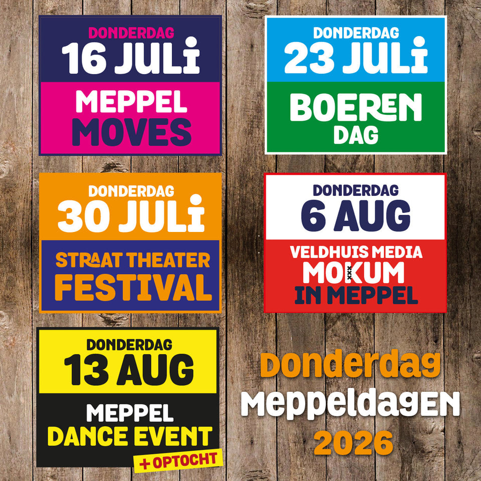 Poster Donderdag Meppeldagen 2026 met het volledige programma en thema's van DMD Meppel