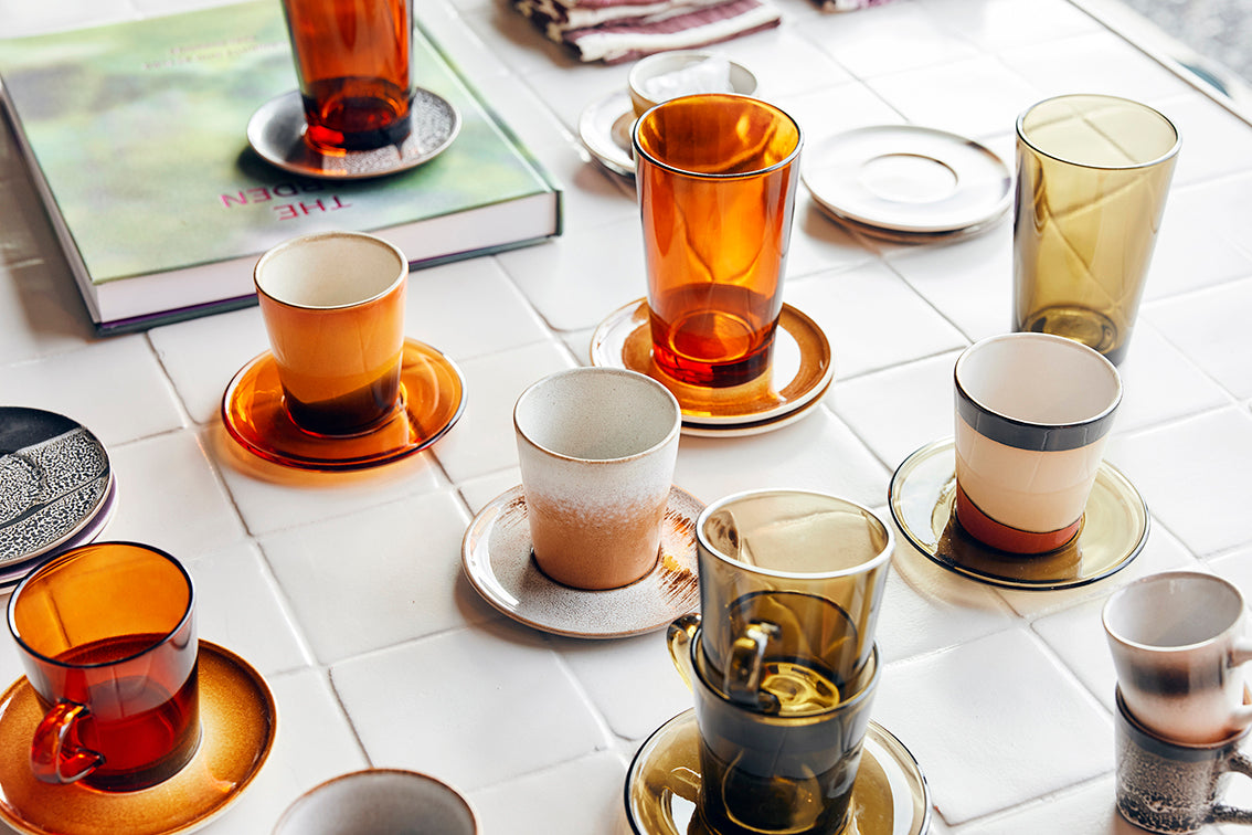 HKliving 70s Glassware koffiekopjes in amberbruin glas, set van kopjes met retro uitstraling