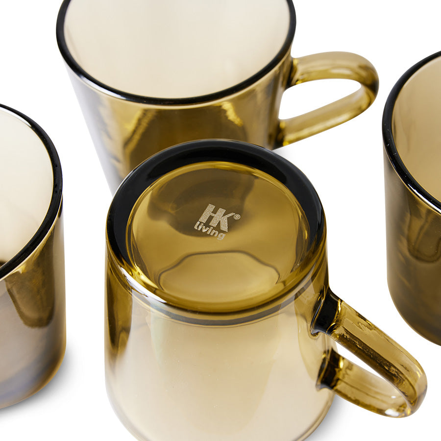 HKliving 70s Glassware koffiekopjes in modderbruin, set van glazen kopjes met retrodesign