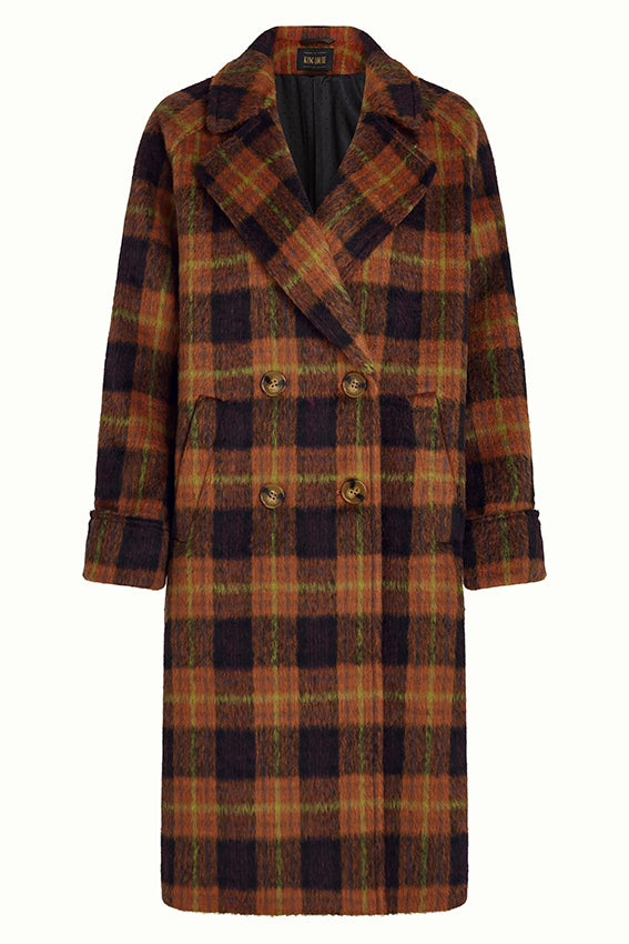 Lichte bruine Amelie jas van King Louie met Aloha-check patroon, korte stijl en knoopsluiting, perfect voor herfst en winter.