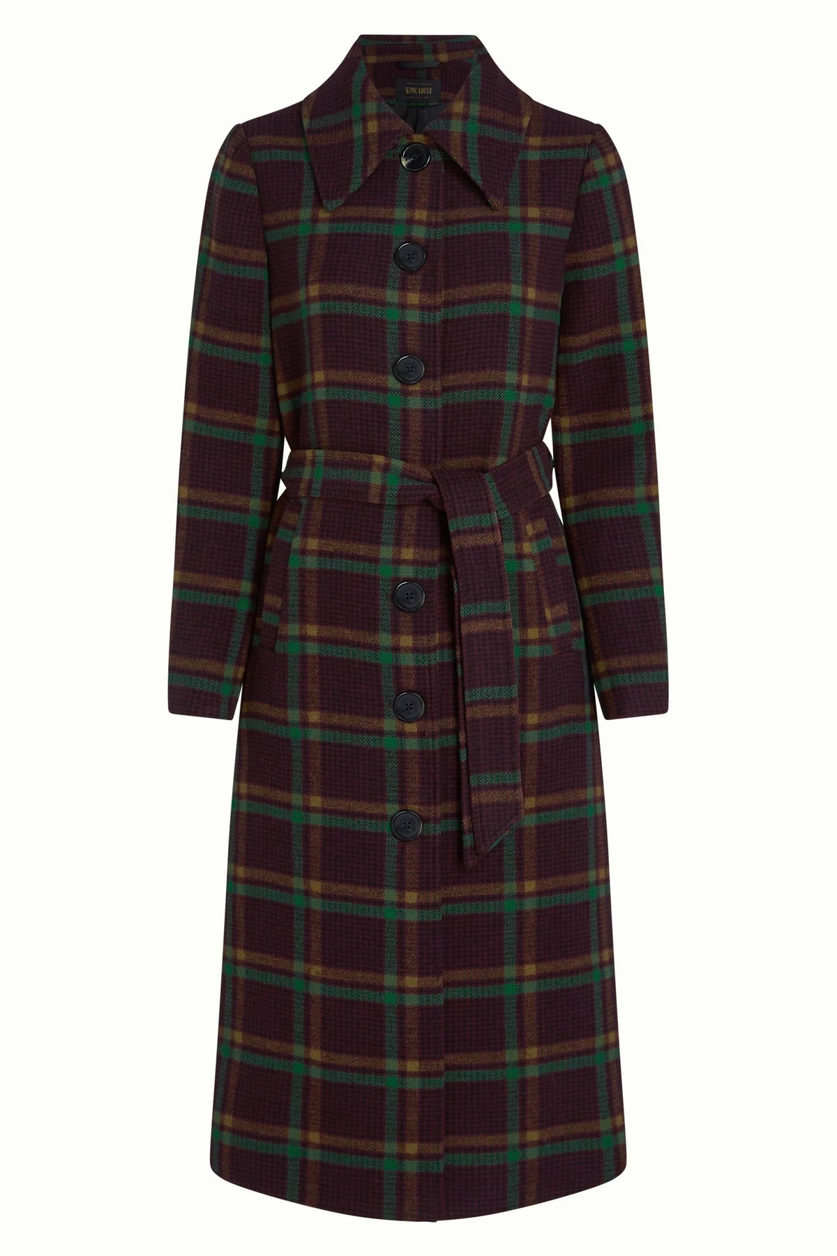 Lichte rode Arabella Coat Vera Check jas van King Louie met ruitpatroon en knopen, gedragen door een model.