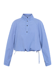 Blauwe gestreepte EDWIN-SH Sisterpoint shirt met lange mouwen en knoopsluiting, zichtbaar in de afbeelding.