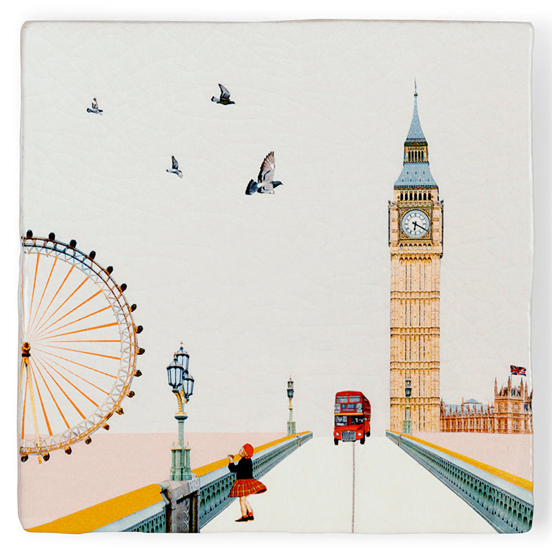 Close-up van de Eye on London tegel van StoryTiles, 10x10cm met afbeelding van het Londense oog.