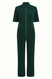 Groene corduroy jumpsuit Garbo van King Louie, stijlvolle en comfortabele dameskleding, zichtbaar in de afbeelding.