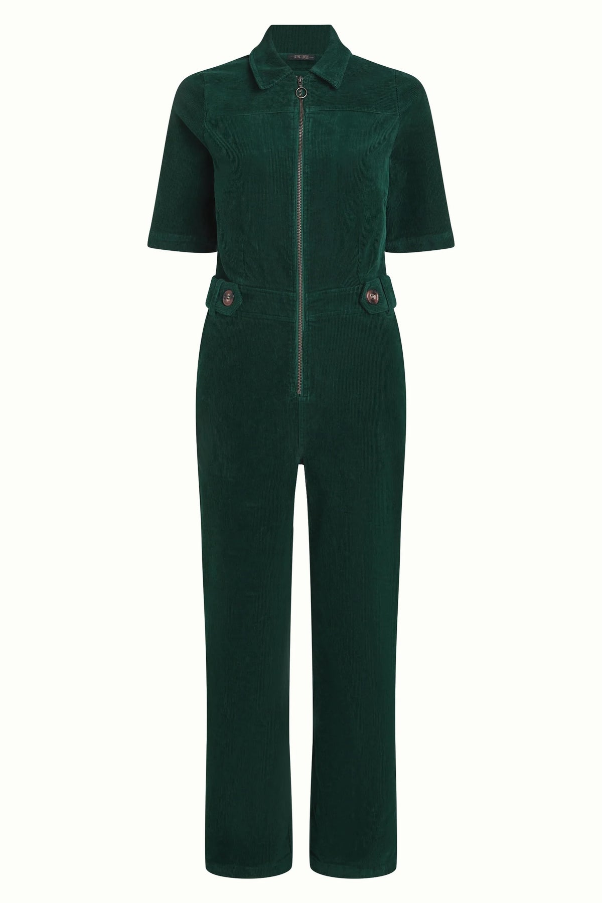 Groene corduroy jumpsuit Garbo van King Louie, stijlvolle en comfortabele dameskleding, zichtbaar in de afbeelding.