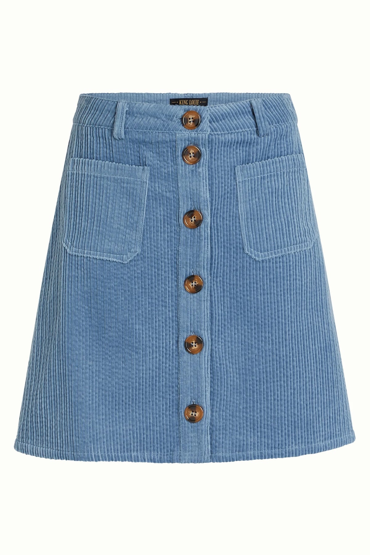 Lila Garbo rok van King Louie met birch cord stof, getoond in een zijaanzicht met strakke pasvorm en casual stijl.