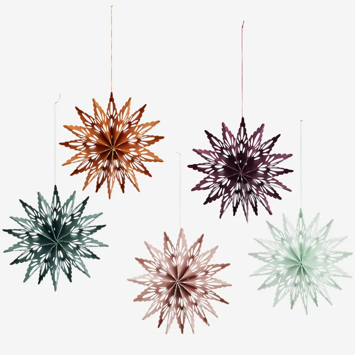 Hanging paper snowflakes (set van 5) plum,orange,mint,green,rose