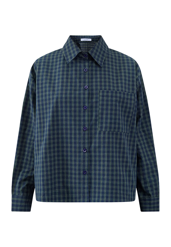 Sisterpoint IRINE-SH4 blouse in navyblauw ruitpatroon, voorkant zichtbaar