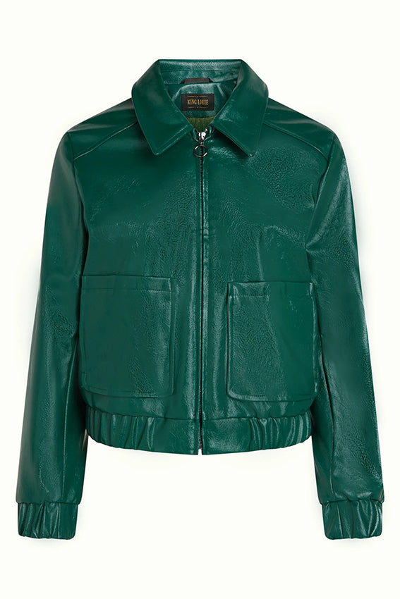 Groene glanzende jacket van King Louie, model Glitz 219 Botanical Green, met opvallende details en casual pasvorm.
