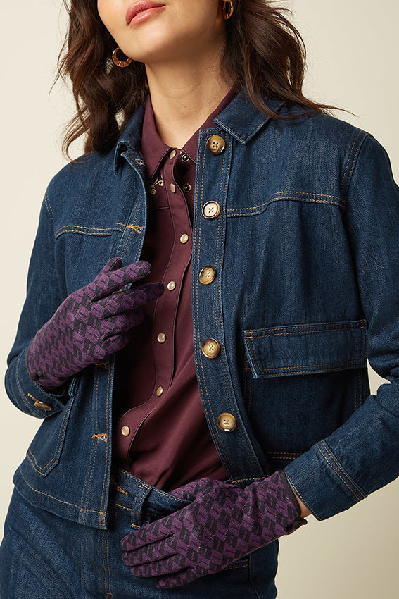 Paars leaf glove van King Louie, 511 Imperial Purple, met opvallende bladprint en comfortabele pasvorm, zichtbaar in de afbeelding.