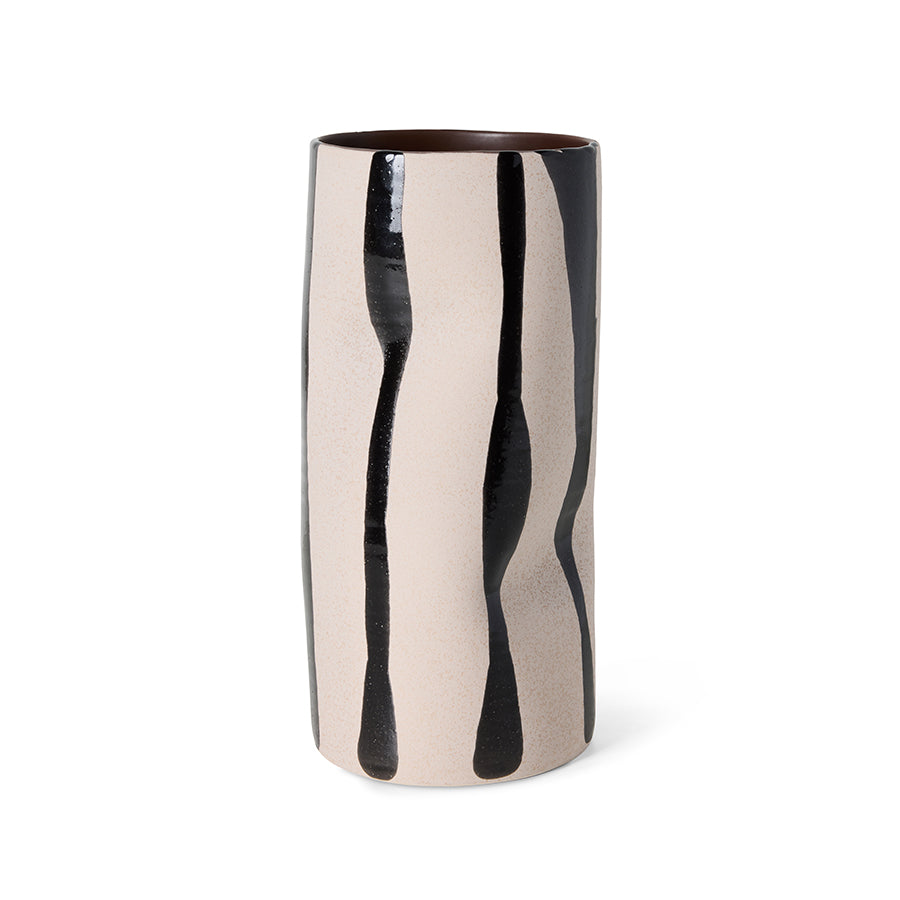 HKliving monovase in zandkleur en zwart, keramische vaas met moderne, strakke vorm voor bloemen en decoratie