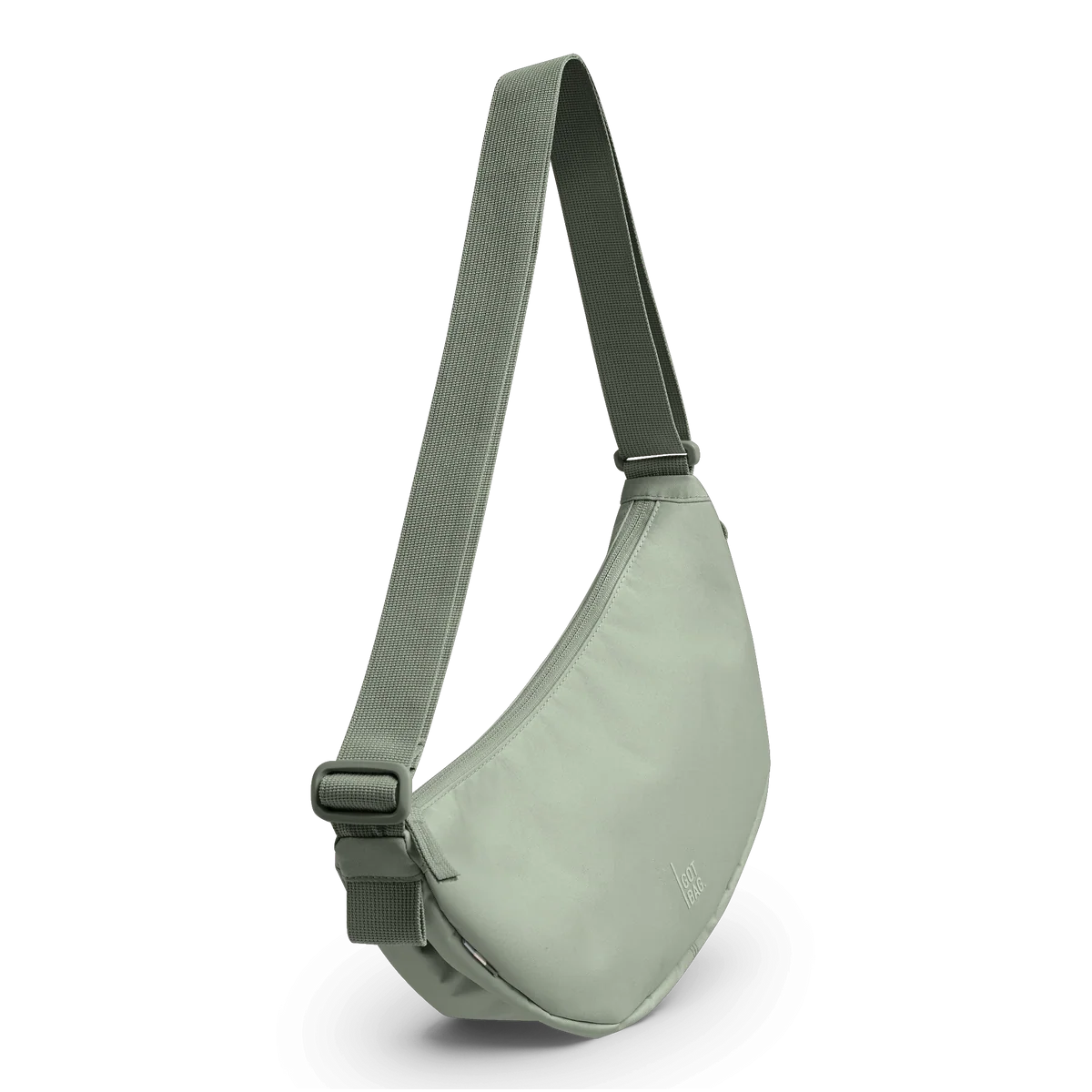 Kleine monochrome Moon Bag van Gotbag met zwart ontwerp en verstelbare schouderband, zichtbaar van de zijkant.