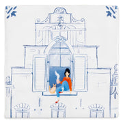 Decoratieve tegel van StoryTiles met een eigen kasteel ontwerp, 10x10 cm, kleurrijk en gedetailleerd.