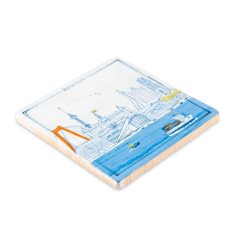 Decoratief tegelpatroon van StoryTiles met Rotterdam in 'n Oogopslag ontwerp, 10x10 cm, kleurrijk en gedetailleerd.