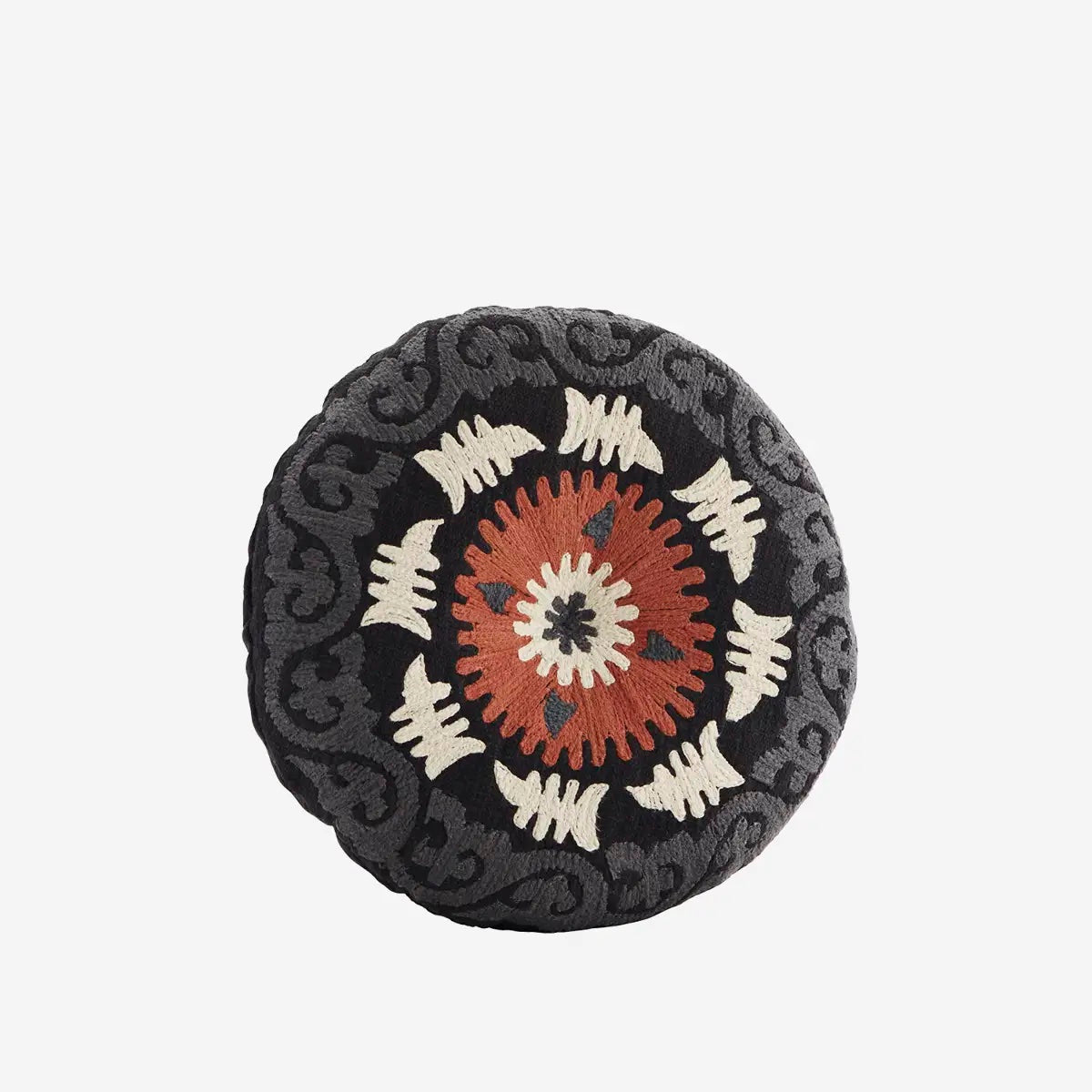 Round embroidered cushion Black multi coloured