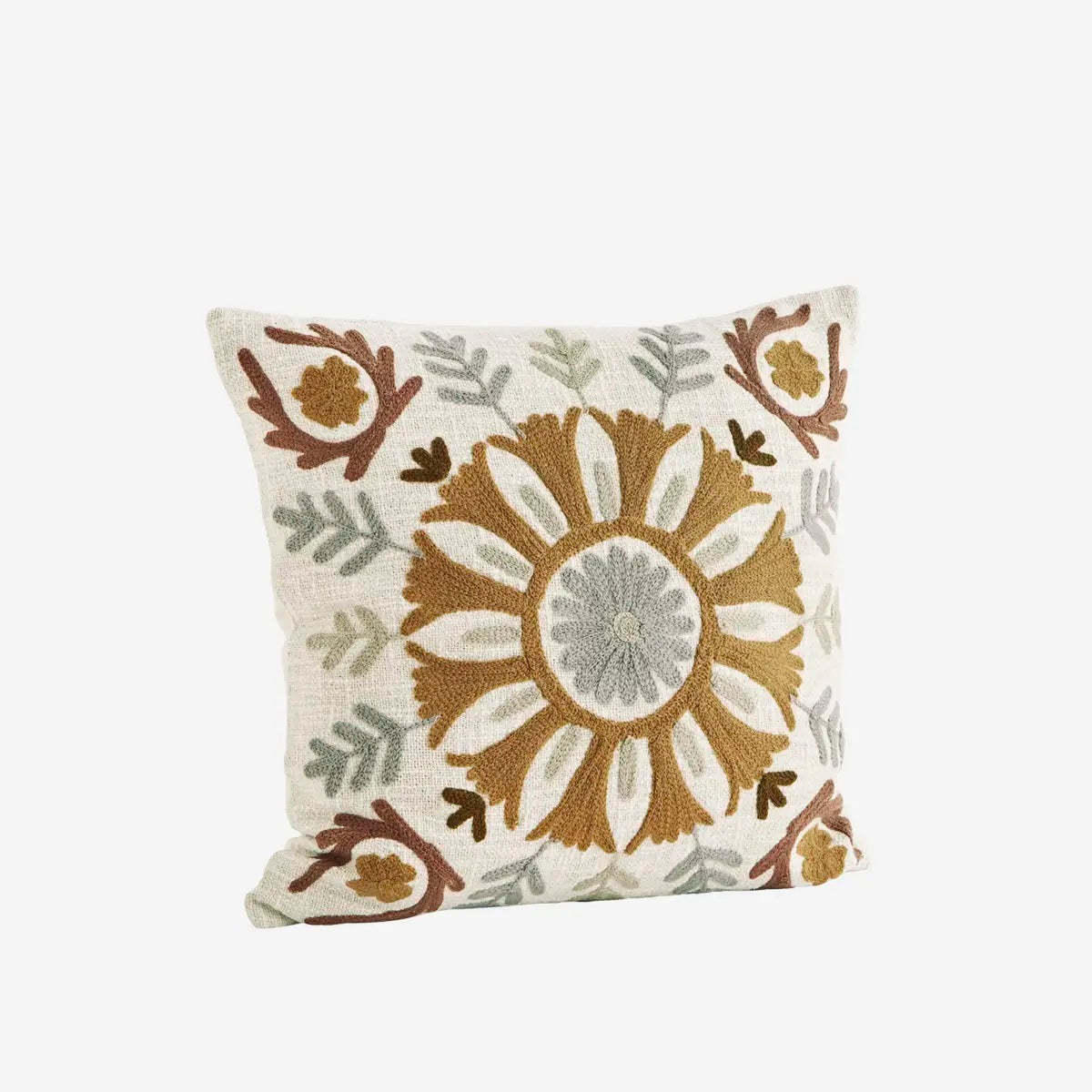 SUZANI EMBROIDERED CUSHION Off white, grey, brown, tobacco - LEEF mode en accessoires
