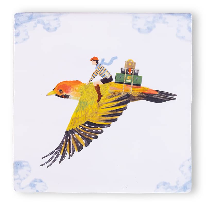 StoryTiles Travelling Bird 10x10 wandtegel met vliegende vogel in kleurrijke illustratie