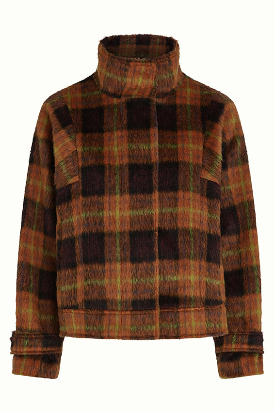 Lichte bruine Vama Jacket Aloha Check van King Louie met kleurrijke patroonprints en knoopsluiting, close-up van de voorkant.