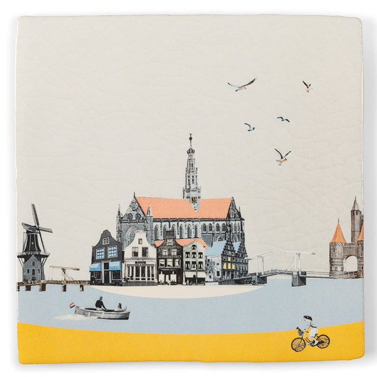 StoryTiles Verliefd op Haarlem 10x10, decoratieve keramieken tegel met illustratie van Haarlem