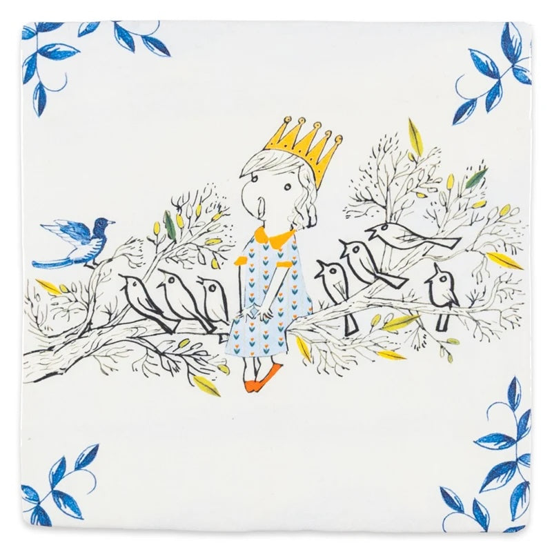 Decoratief vogelkoortje patroon op een 10x10 cm tegel van StoryTiles, met kleurrijke vogelillustratie.
